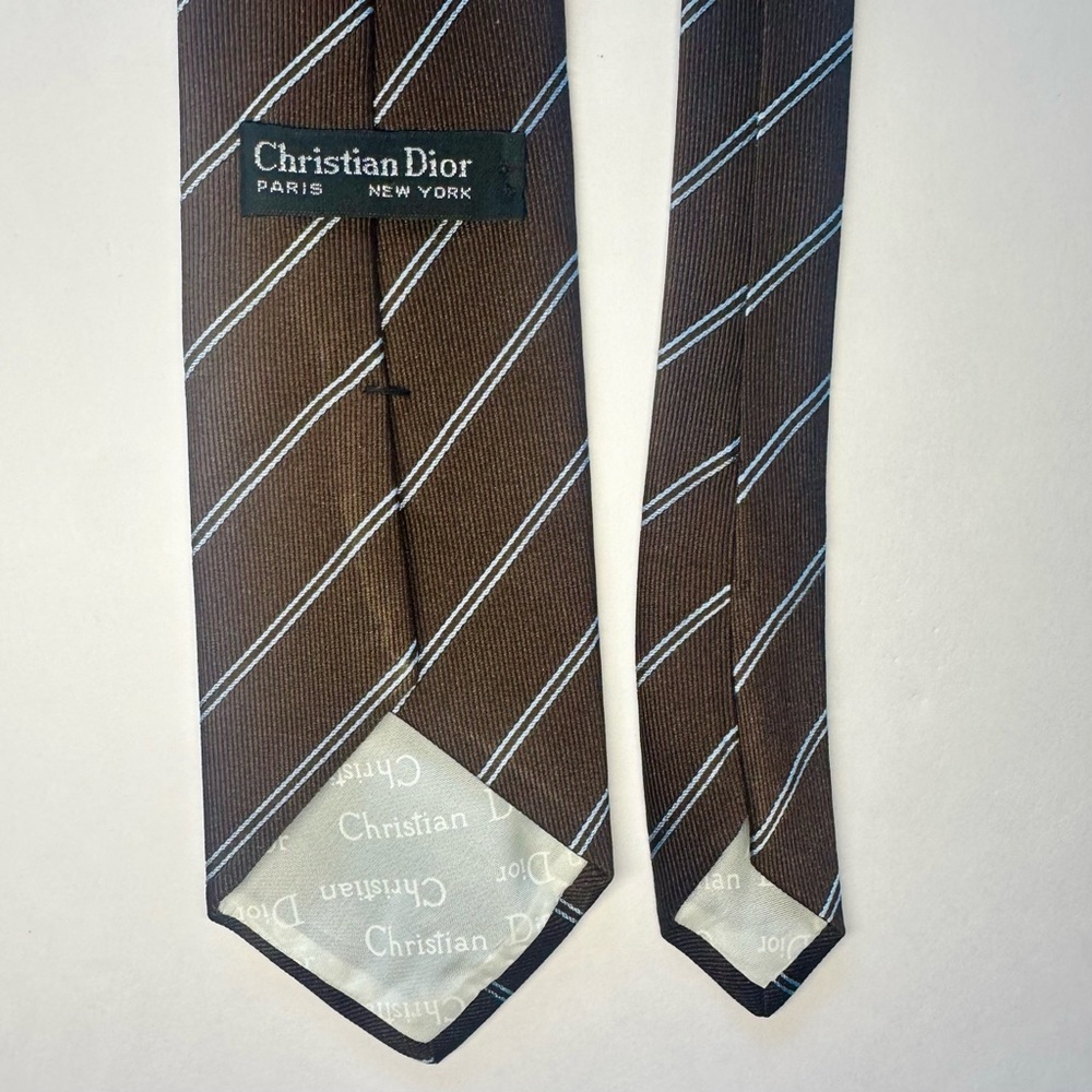 Vintage DIOR Embroidered Signature Brown Diagonal Striped Classic Tie, 3.25” - Picture 4 of 5